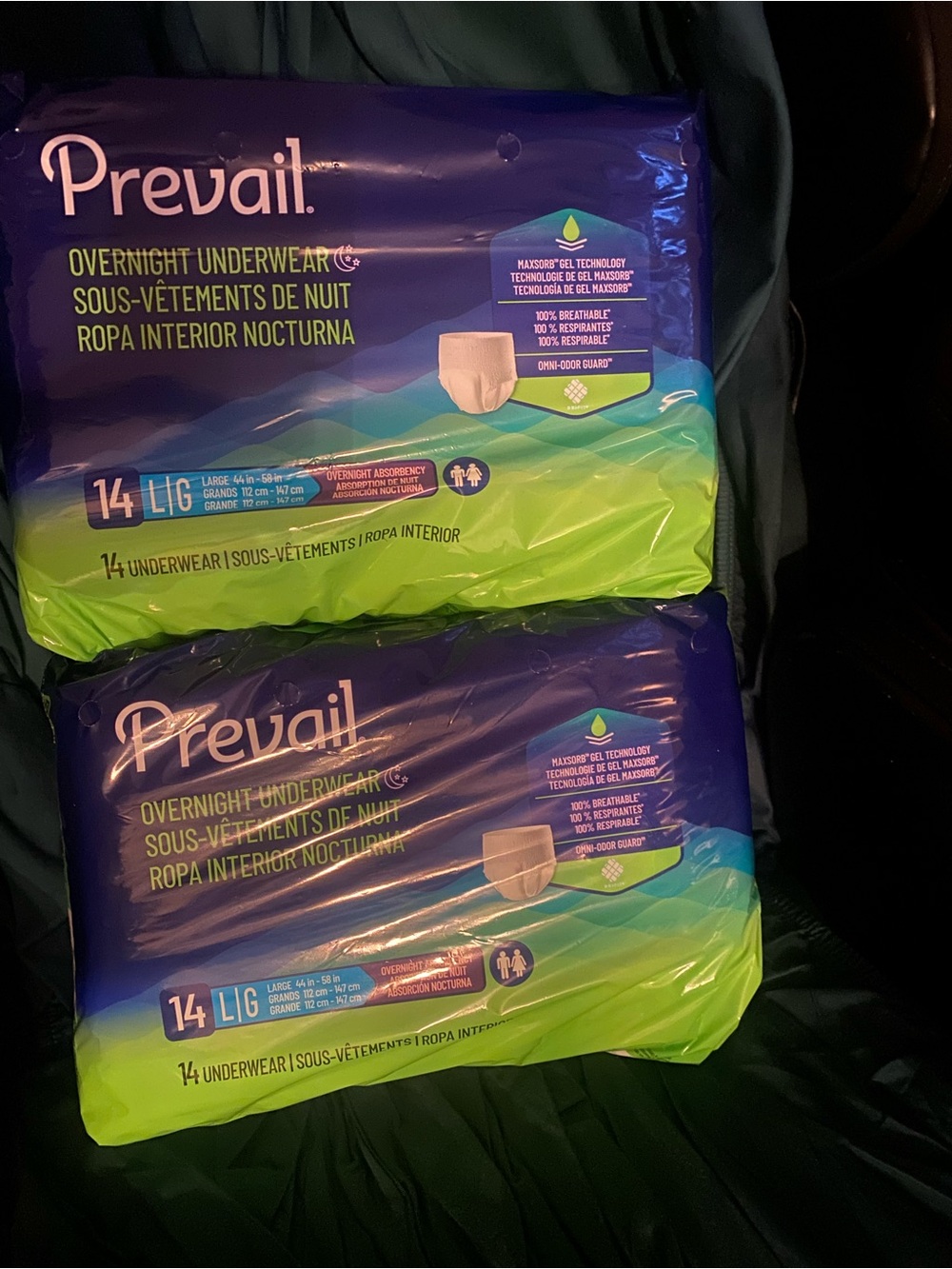 2 Prevail Large Overnight Underwear Max Gel Technology Breathable Odor Guard